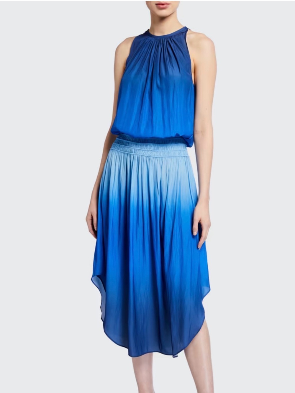Ramy Brook New York Blue Ombre Pleated Midi Dress Halter Handkerchief Hem XS - Picture 1 of 16